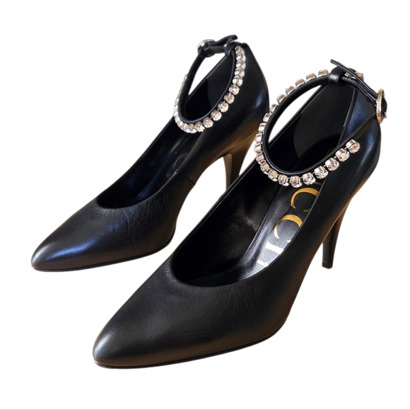 GUCCI Crystal Ankle Strap Leather Pumps Heels Black 37 Style # 590988
